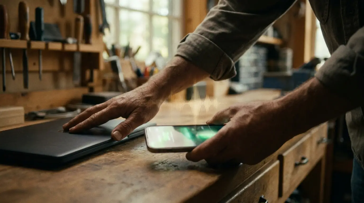 A small-business owner setting a laptop aside to use a phone that is handling a call
